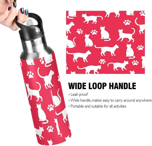 Vista 4 de Insulated Stainless Steel Water Bottle with Straw 32 Oz, Leakproof Water Bottles for Gym Outdoor Travel School, White Cat Paw Prints Red