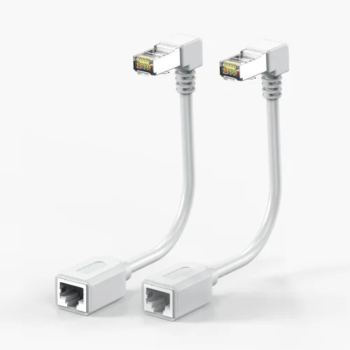 Vista 11 de Paquete de 2 cables de extensión Ethernet Cat 7 de 6 pulgadas, 10Gbps 90 grados en ángulo descendente RJ45 macho a hembra, cable de conexión LAN