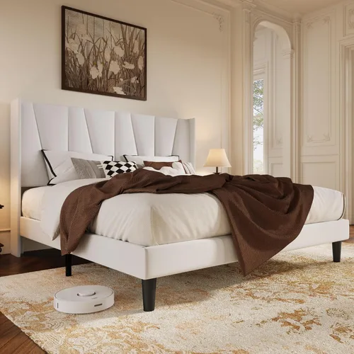 Vista 15 de HOOMIC Base de cama tapizada de tamaño matrimonial con cabecera geométrica moderna con respaldo de ala, listones de madera, no necesita somier, base