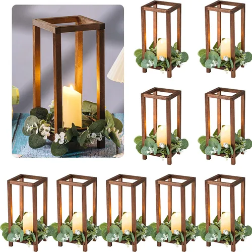 Vista 12 de Geelin 10 piezas de linterna de madera para centro de mesa de boda, linterna de vela de madera, portavelas decorativo para mesa de fiesta de boda