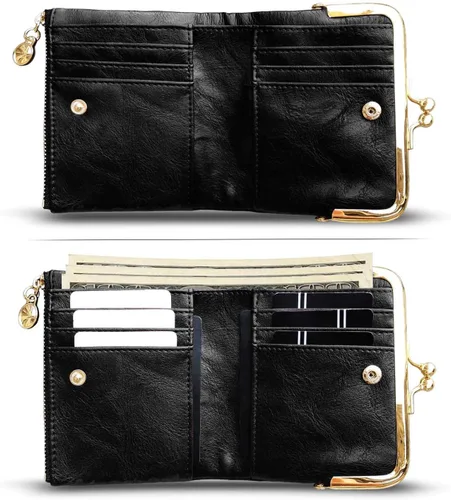 Vista 30 de AOXONEL Cartera para mujer, pequeña, Rfid, compacta, plegable, de piel, vintage, con cremallera y cierre de beso