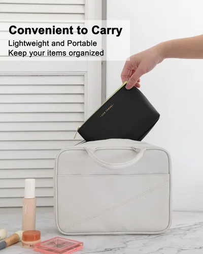 Vista 5 de GOX Bolsa de cosméticos, bolsa de viaje de gran capacidad, resistente al agua, bolsa de aseo y accesorios, organizador para mujeres y niñas, Negro