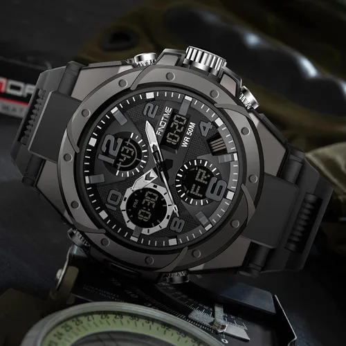 Vista 2 de findtime Reloj para hombre relojes militares para hombre impermeables 5 ATM deportivo para trabajo digital analógico color negro verde dorado