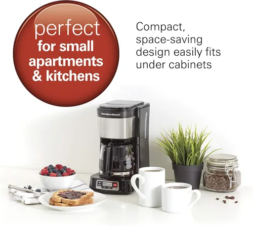 Vista 2 de Hamilton Beach Cafetera de goteo de 5 tazas con cesta de llenado frontal fácil, diseño compacto, reloj programable, jarra de vidrio, pausa