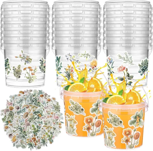 Vista 18 de PerKoop 20 cubos de helado de 32 onzas con tapas y asas, cubos transparentes de ron de cóctel con calcomanías, tina transparente de plástico