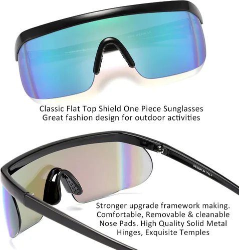 Vista 6 de FEISEDY Gafas de sol deportivas de los años 80 con escudo de espejo de gran tamaño gafas de esquí con parte superior plana visera futurista