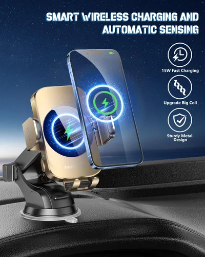 Vista 2 de Soporte inalámbrico 3 en 1 para cargador de automóvil, soporte de teléfono de carga rápida de 15 W para iPhone 17 16 15 14, Samsung Galaxy S24 S23
