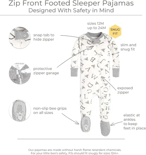 Vista 2 de Burt's Bees - Pijama para bebé y niños, cremallera frontal antideslizante, algodón orgánico