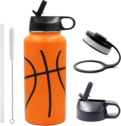 Vista 17 de Botella de agua de baloncesto de 12 onzas, botella de agua deportiva aislada al vacío de acero inoxidable con popote y 2 tapas, botella de agua