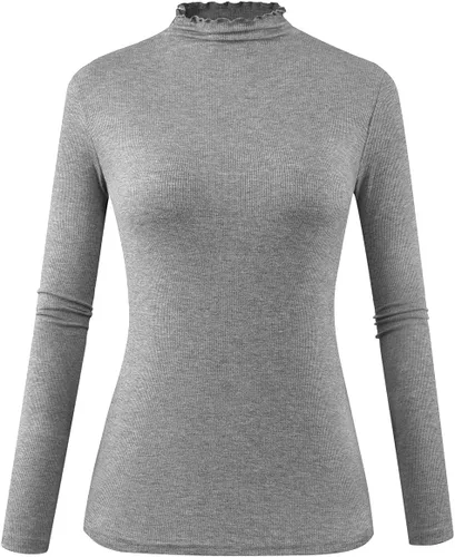 Vista 19 de POPZONE - Camiseta de manga larga con cuello alto falso, ajustada, de punto acanalado con ribete de lechuga para mujer