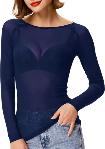 Vista 15 de Kate Kasin Tops de malla para mujer, camisas transparentes de manga larga Negro
