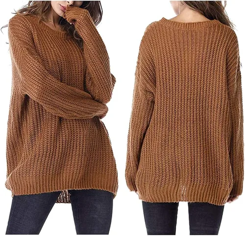 Vista 5 de ARJOSA Suéteres de otoño para mujer, de gran tamaño, cuello redondo, manga larga, suéter de punto tipo túnica
