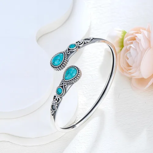 Vista 4 de Pulsera de turquesa para mujer, plata de ley 925, turquesa auténtica, pulsera abierta, ajustable, apilable, vintage, piedra natural, regalos