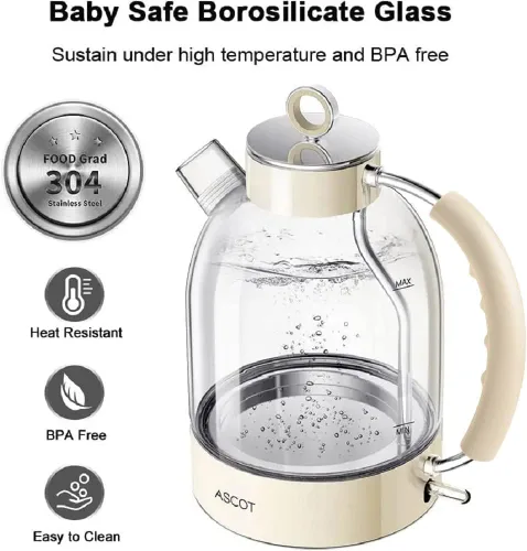 Vista 3 de ASCOT Hervidor eléctrico, caldera de té eléctrica de vidrio, regalos para hombres/mujeres/familia, calentador de té de vidrio de borosilicato de 1.5