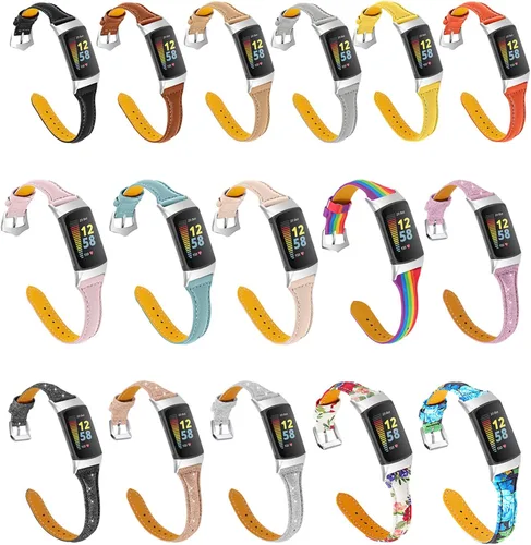 Vista 6 de Leather Strap Compatible with Fitbit Charge 6/Charge 5 Strap, Women Men Genuine Leather Sport Band Replacement Watch Wristband Bracelet for Charge 6