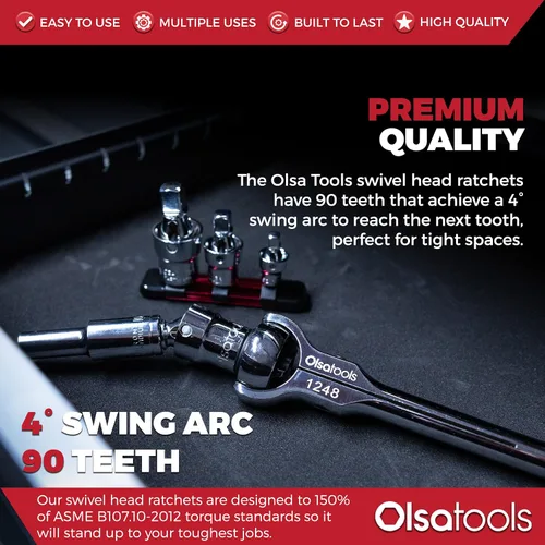 Vista 3 de Olsa Tools Trinquete de cabeza giratoria - Accionamiento de 1/2 pulgada con cabeza redonda de 90 dientes - Llave de dados de estilo roto para 1 pieza