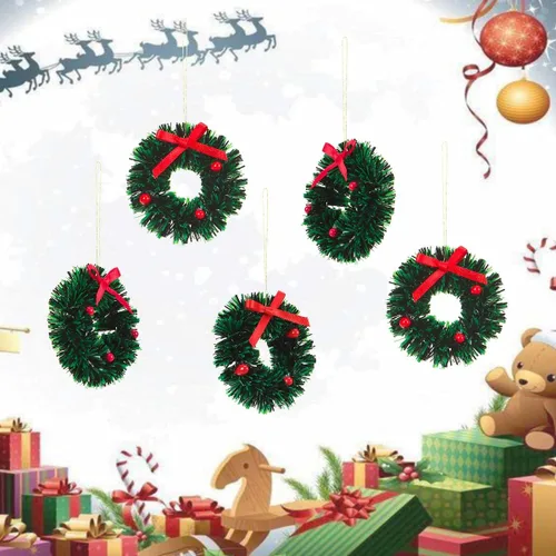 Vista 7 de 10 piezas de mini coronas navideñas artificiales, adornos de coronas navideñas en miniatura para casa de muñecas, mini corona navideña para puertas