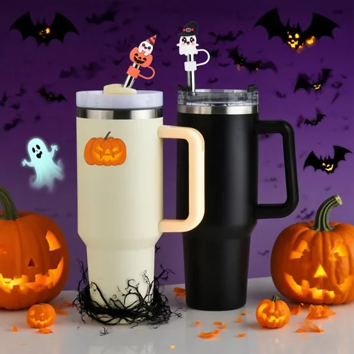 Vista 6 de Haundry 6 piezas cubierta de pajita para tapa de vaso Stanley de 40oz/30oz, tapa de pajita reutilizable linda de fantasma para beber, accesorios