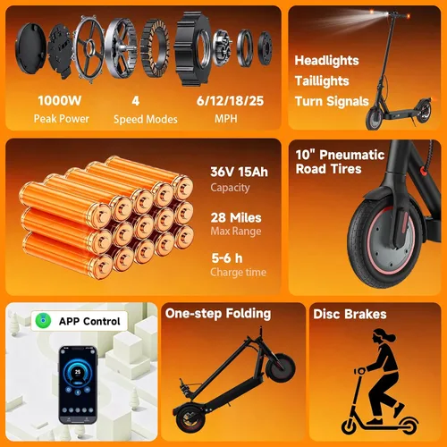 Vista 4 de Electric Scooter, 1200W-500W Peak Motor, 28-21 Miles, 10"-8.5" Tires Brillo negro