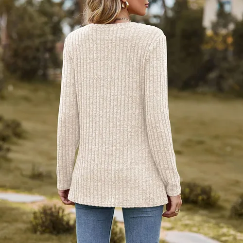 Vista 2 de Camiseta de manga larga con cuello redondo y rayas esmeriladas de color sólido para mujer, a la moda
