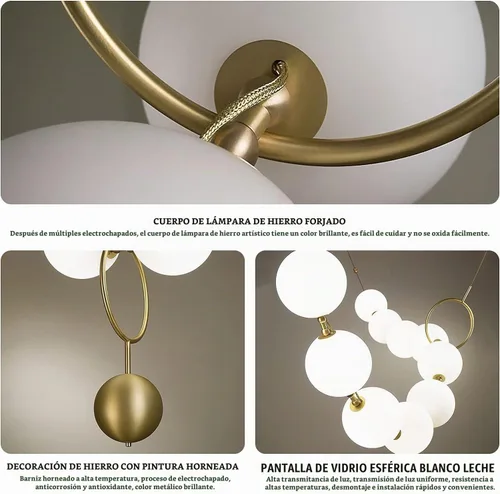 Vista 6 de Postmodern - Collar de perlas con bola de cristal, 10 luces; lámpara de araña de burbujas de bola de vidrio blanco leche, luz LED ajustable