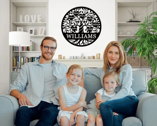 Vista 2 de Decoración de pared personalizada del árbol de la vida, letrero de metal con nombres de niños, decoración de pared personalizada para árbol