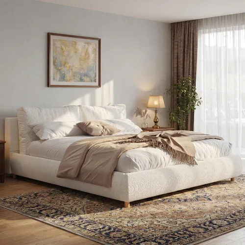 Vista 12 de Merax Cama de plataforma tapizada de tela Boucle tamaño Queen con dos cabeceras de almohada extraíbles, marco de cama de madera con patas redondas