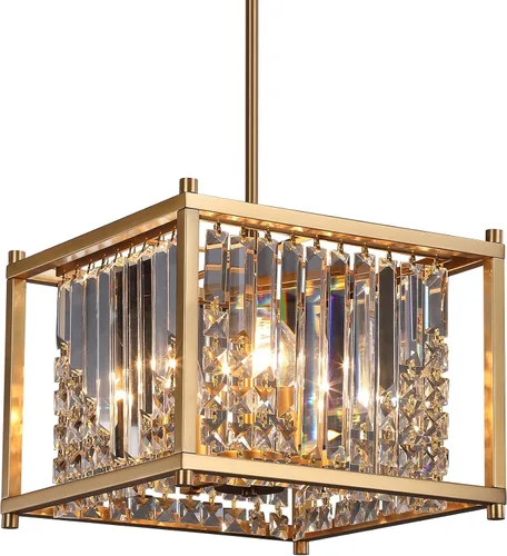 Vista 2 de Q&S Candelabro de oro, moderno candelabro industrial de cristal cuadrado dorado con 4 luces colgantes para comedor, pasillo, entrada, isla