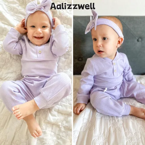 Vista 2 de Aalizzwell Traje acanalado de manga larga neutral para bebé con sombrero y diadema