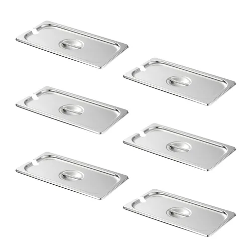 Vista 7 de HECMAC Paquete de 6 Tapas de Bandeja de Hotel de Tamaño 1/2 con Muescas, Acero Inoxidable Sólido Resistente para Mesa de Vapor, Tapa de Bandeja
