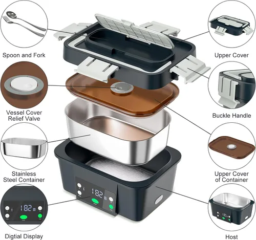 Vista 5 de Fiambrera térmica alimentada por batería con calentamiento automático, lonchera calentable inalámbrica de 16,000 mAh para adultos, calentador