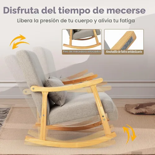 Vista 5 de GIANTEX Mecedora tapizada – Moderna mecedora con marco de madera de goma, cómodo respaldo y asiento, almohada acolchada de polipropileno, mecedora