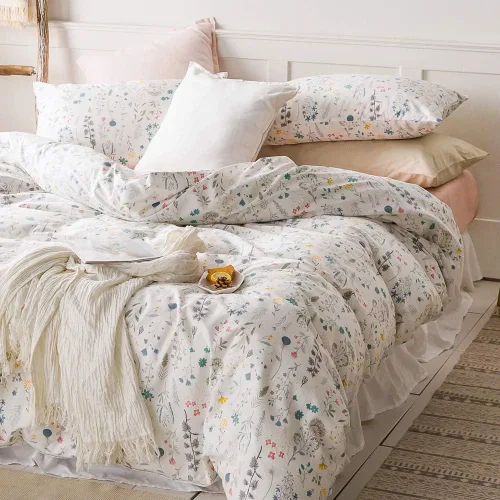 Vista 2 de AMWAN Juego de ropa de cama 100% algodón con diseño botánico de flores estilo jardín, 1 funda de edredón y 2 fundas de almohada, tamaño matrimonial