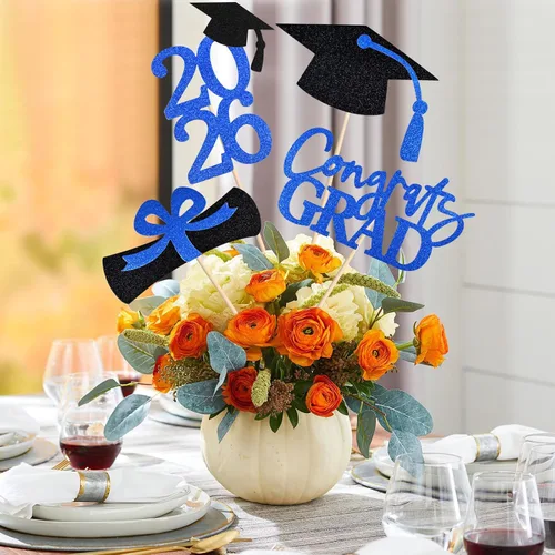 Vista 6 de Juego de 20 decoraciones de fiesta de graduación 2026, centro de mesa de graduación de doble cara con purpurina para mesas, mesas, accesorios