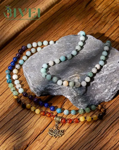 Vista 3 de Bivei 7 Chakra 108 Mala Beads Bracelet Real Healing Gemstone Yoga Meditation Hand Knotted Mala Prayer Bead Necklace