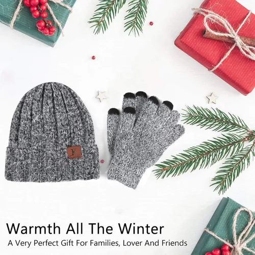 Vista 5 de Conjunto de guantes de punto cálido de invierno para mujer con forro polar y forro de calavera para mujer