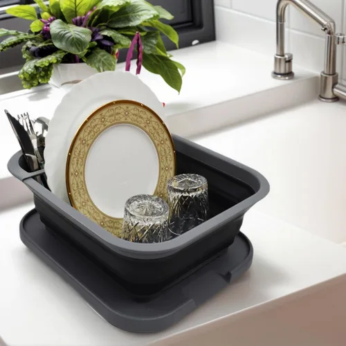 Vista 8 de SAMMART Escurridor de platos plegable con bandeja, juego de escurridor plegable, organizador de vajilla portátil, bandeja de almacenamiento