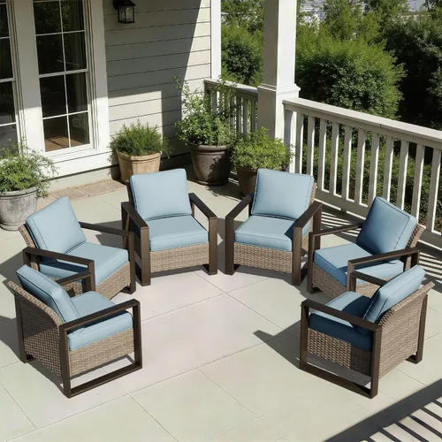 Vista 65 de Joyside - Sofá de mimbre para patio al aire libre, sofá de ratán de 3 plazas con cojines gruesos de olefina y reposabrazos rectangular con marco