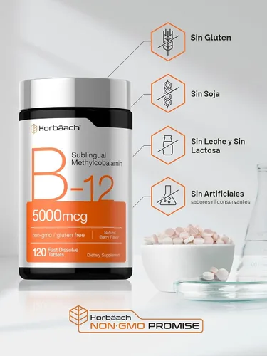 Vista 5 de Horbäach Vitamina B12 5000 mcg 120 tabletas de disolución rápida