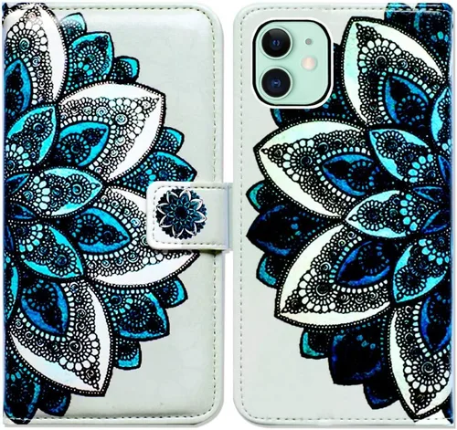 Vista 18 de Bcov Funda para iPhone 11, funda de piel con tapa y función atril para iPhone 11, diseño de flores y mariposas azules