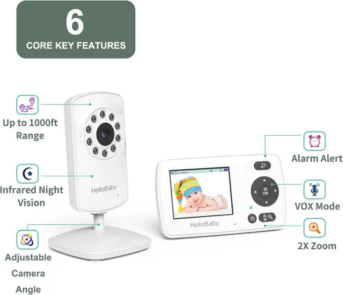 Vista 2 de HelloBaby HB30 Monitor de bebé de video con cámara digital y audio, sin WiFi sin aplicación, monitor de bebé de seguridad, 8 idiomas, visión