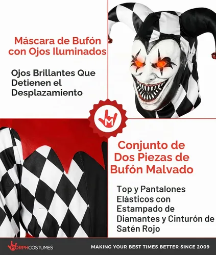 Vista 3 de Morph, Disfraz de bufón para hombre, traje de bufón, disfraces de Halloween