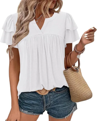 Vista 2 de Blusas para mujer, elegantes, casuales, de verano, de manga corta, plisadas, holgadas, suaves, cómodas, de moda a01 blanco