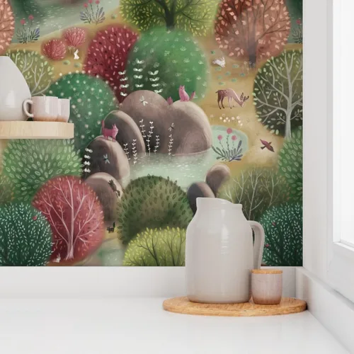 Vista 8 de Papel tapiz para despegar y pegar, bosque caprichoso, naturaleza, bosque, otoño, paisaje, árboles, animales, papel tapiz extraíble personalizado por