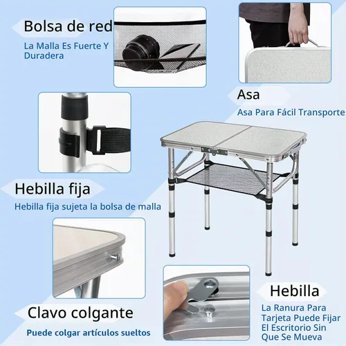 Vista 4 de Mesa plegable pequeña con red de almacenamiento, mesa de campamento plegable portátil de 24 x 16 pulgadas con 3 alturas ajustables, mesa de metal