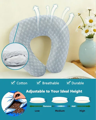 Vista 2 de Almohada de cuello de trigo sarraceno con funda de almohada de doble capa, almohadas ajustables firmes en forma de U, transpirables para un sueño