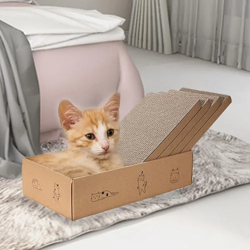 Vista 6 de 4 paquetes en 1 almohadilla para arañazos para gatos con caja, cartón rascador para gatos, cartón reciclable reversible, duradero, adecuado para que