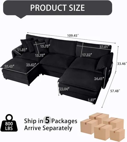 Vista 2 de Modular Sectional Sofa, Oversized Deep Seat U Shaped Couch Set for Living Room, 3 Seater Comfy Cloud Couches with 2 Movable Ottomans, DIY