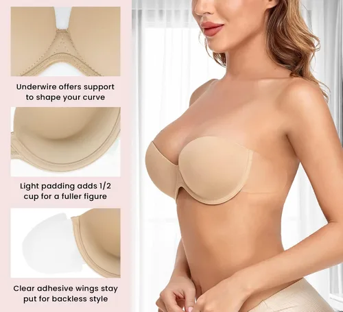 Vista 4 de Sujetadores con realce de espalda descubierta para mujer, autoadhesivos, con aros acolchados, reutilizables, para mujer