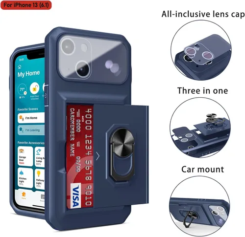 Vista 9 de Funda tipo cartera para iPhone 13, ranura para tarjeta de crédito, diseño portátil, resistente de doble capa acolchada de goma protectora